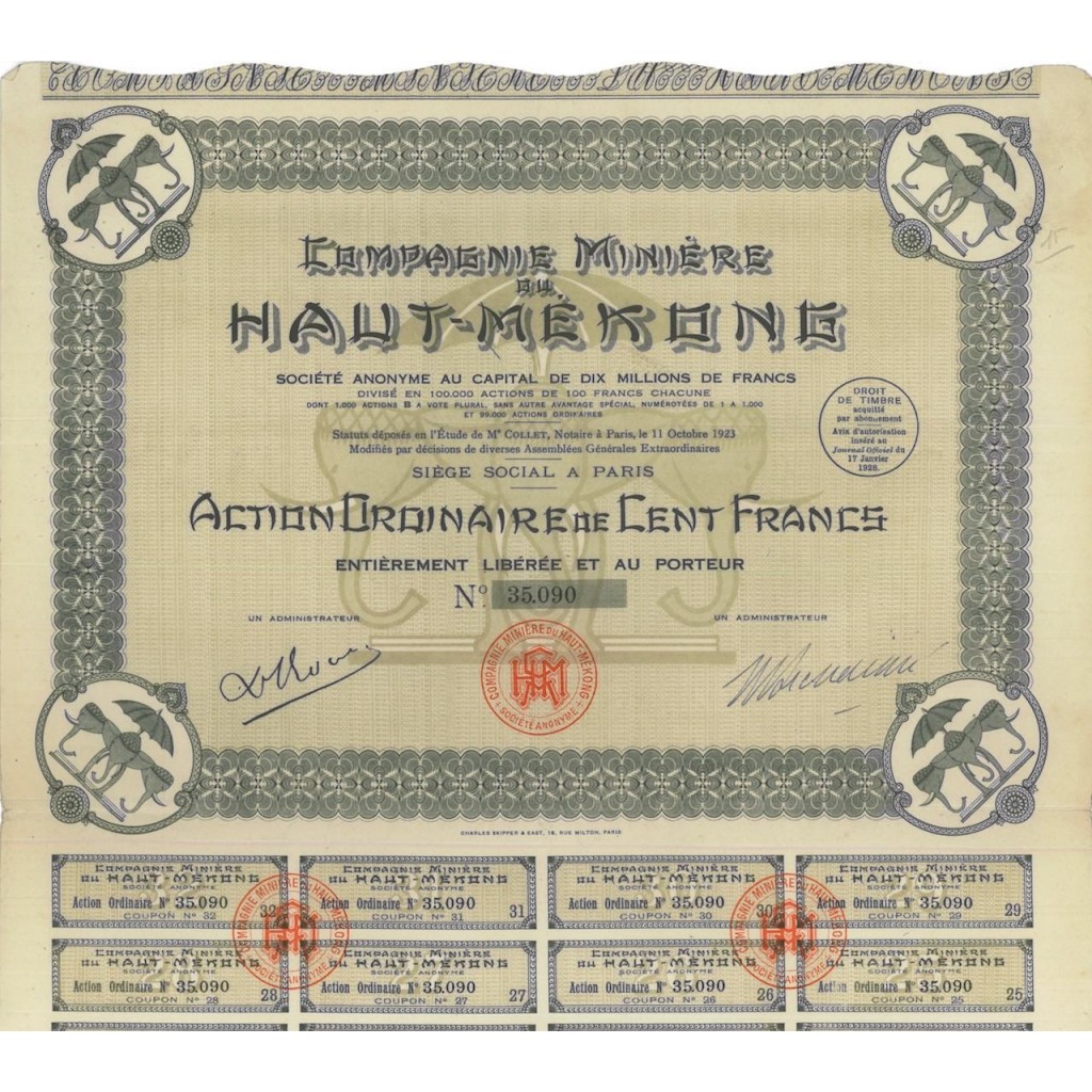 COMP. MINIERE HAUT-MEKONG - 1 AZIONE DA 100 FRANCHI - 1928
