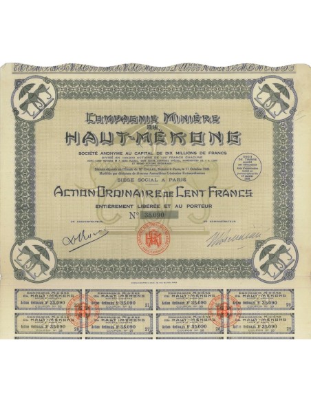 COMP. MINIERE HAUT-MEKONG - 1 AZIONE DA 100 FRANCHI - 1928