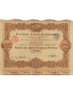 FILTRERIE FRANCO-ALGERINE - 1 AZIONE DA 100 FRANCHI - 1928