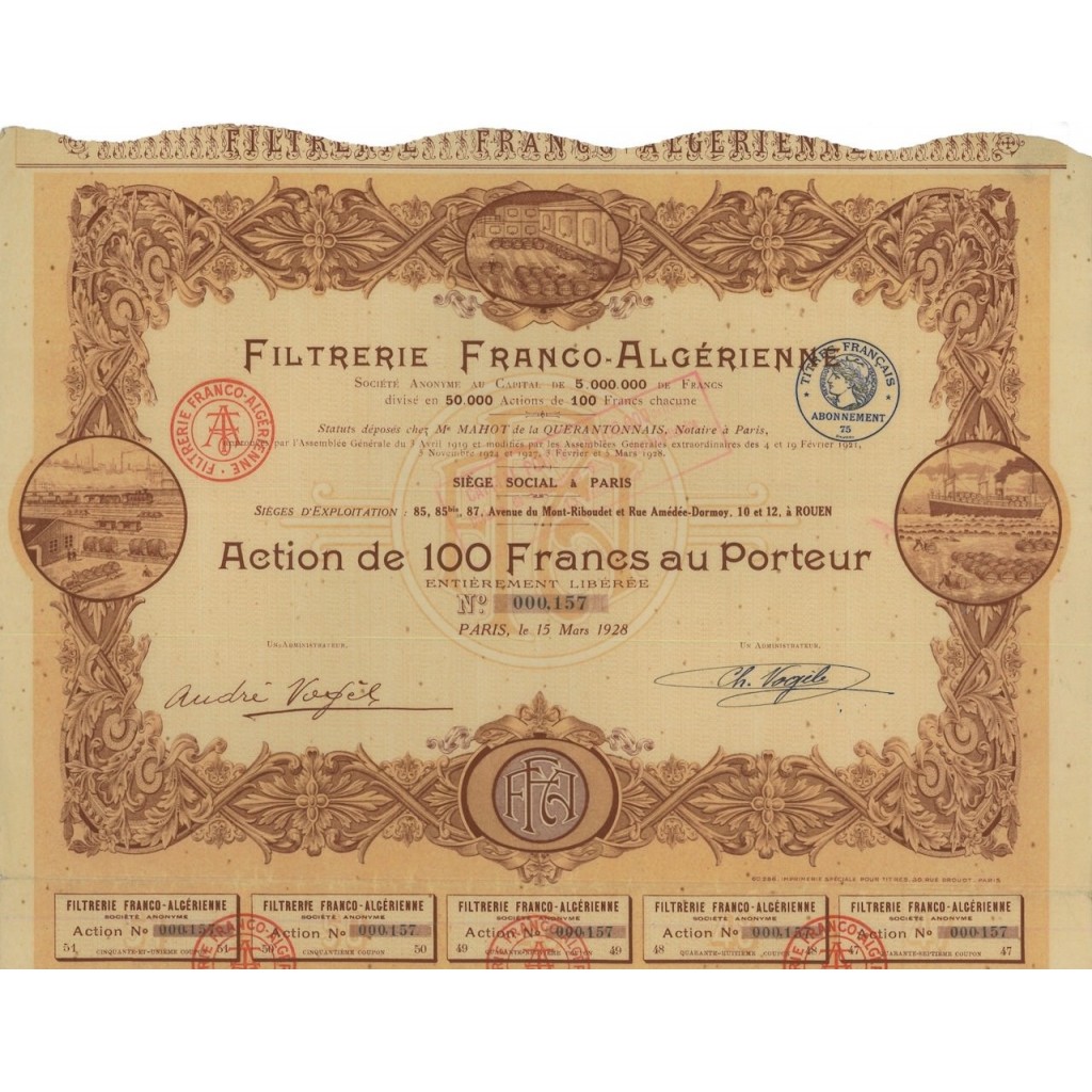 FILTRERIE FRANCO-ALGERINE - 1 AZIONE DA 100 FRANCHI - 1928