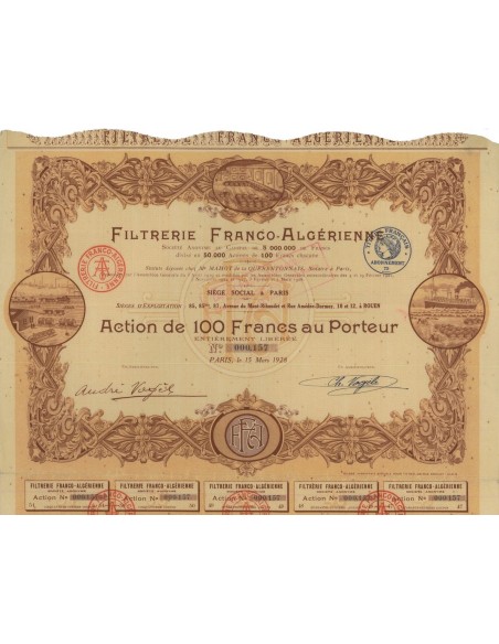 FILTRERIE FRANCO-ALGERINE - 1 AZIONE DA 100 FRANCHI - 1928