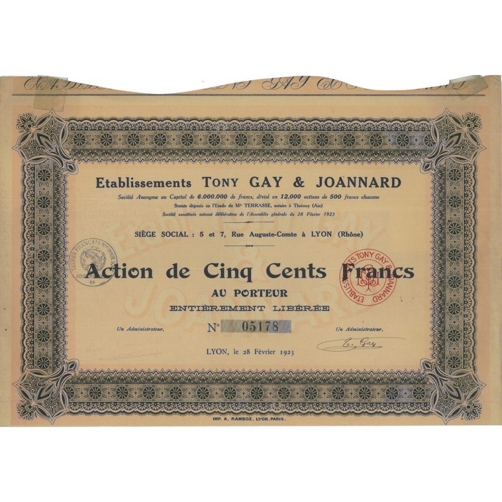 ETABLISSEMENTS TONY GAY E JOANNARD - 1 AZIONE 1923