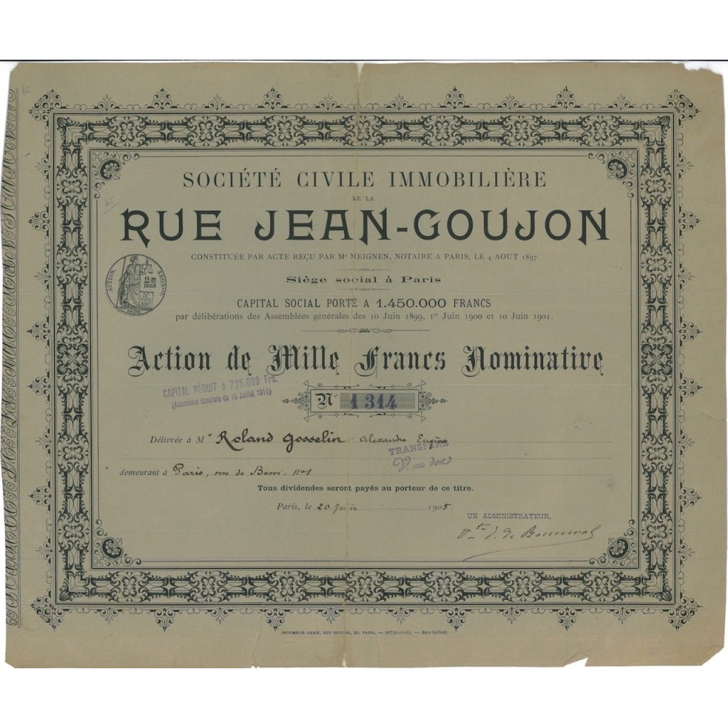 SOC. C.IMM. RUE JEAN-GOUJON - 1 AZIONE - 1905