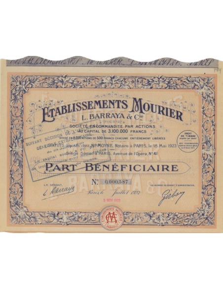ETABLISSEMENTS MOURIER L. BARRAYA E C. - AZIONE - 1923
