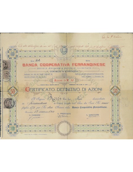 BANCA COOP. FERRANDINESE - CERTIFICATO AZIONI DA L. 50 - 1916