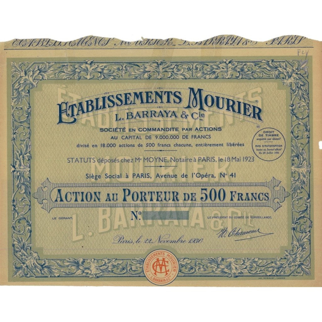 ETABLISSEMENTS MOURIER L. BARRAYA E C. - AZIONE - 1936