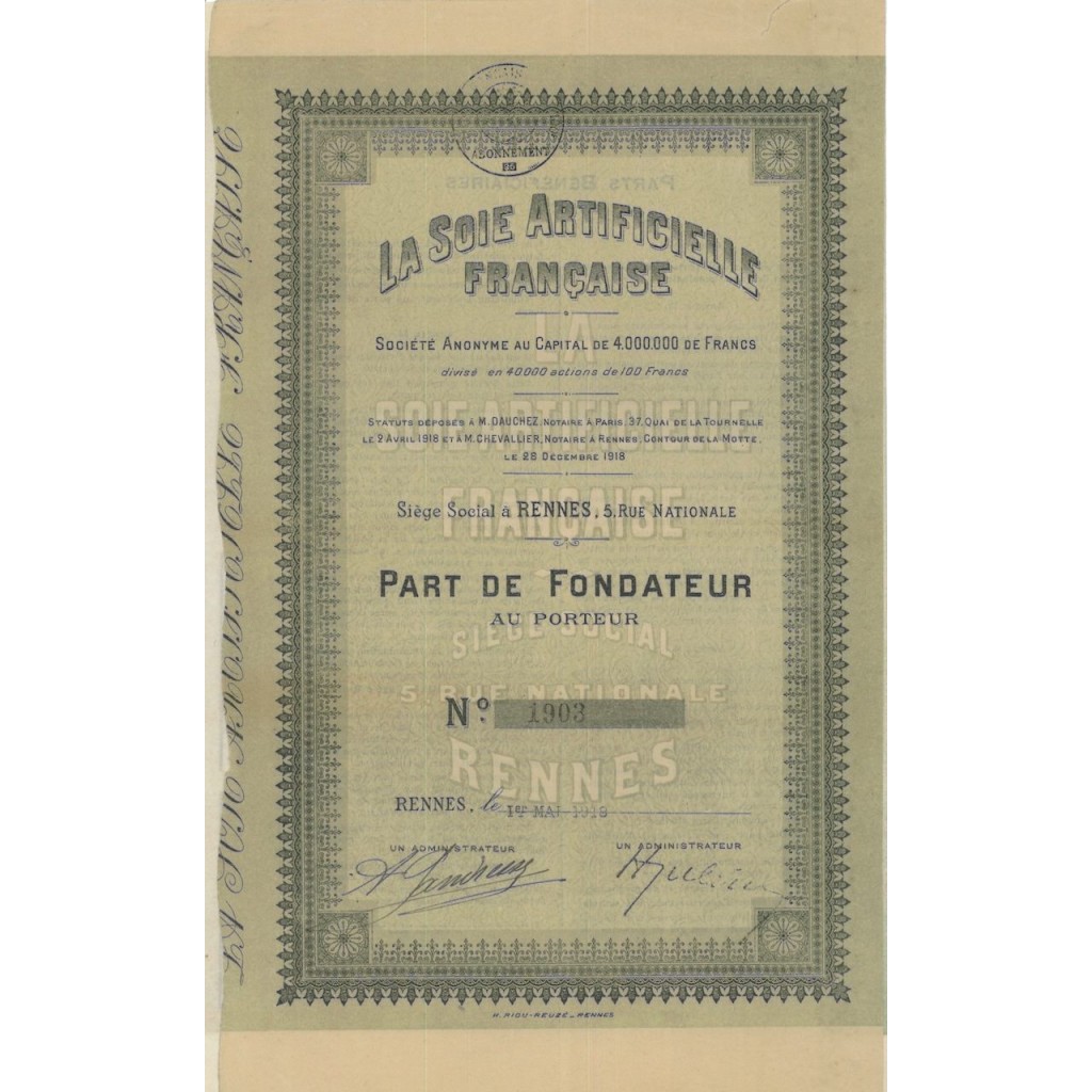 LA SOIE ARTIFICIELLE FRANCAISE - 1 AZIONE - 1918