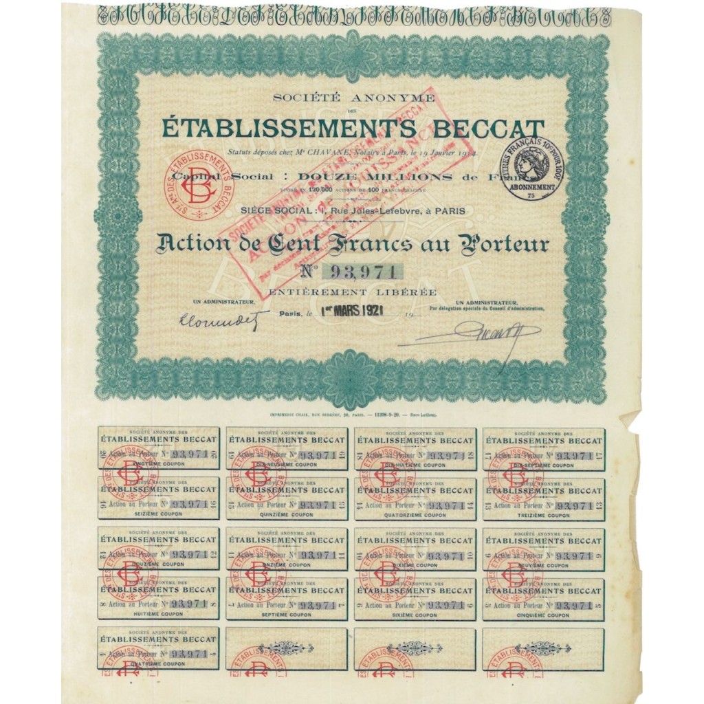 SOC. AN. ETABLISSEMENTS BECCAT - 1 AZIONE - 1921