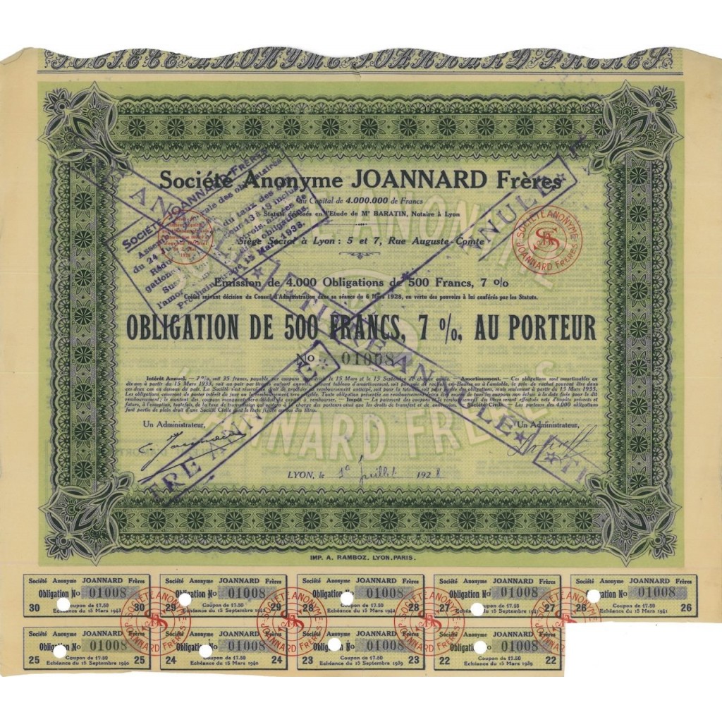 SOC. ANON. JOANNARD FRERES - 1 OBBLIGAZIONE - 1928