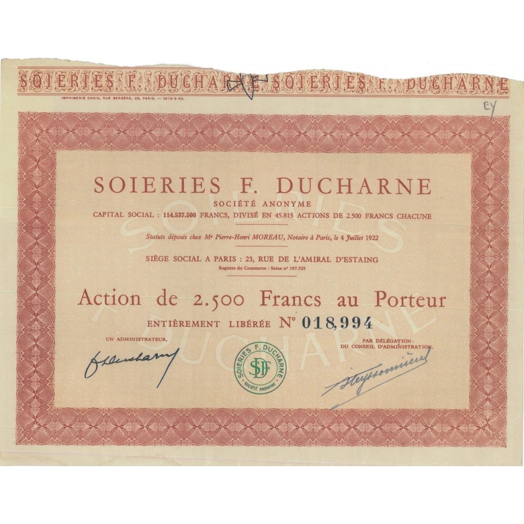 SOIERIES F. DUCHARNE - 1 AZIONE - 1922