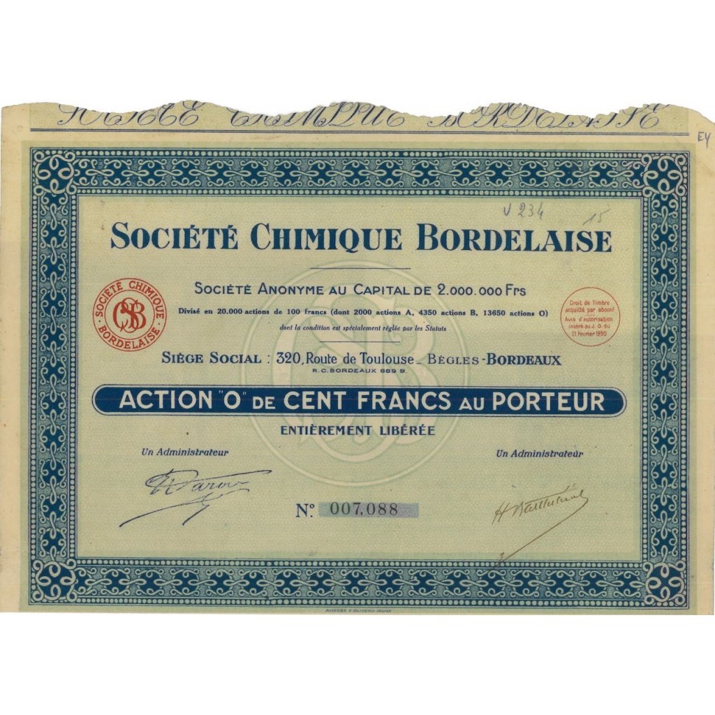 SOC. CHIMIQUE BORDELAISE - 1 AZIONE - 1930