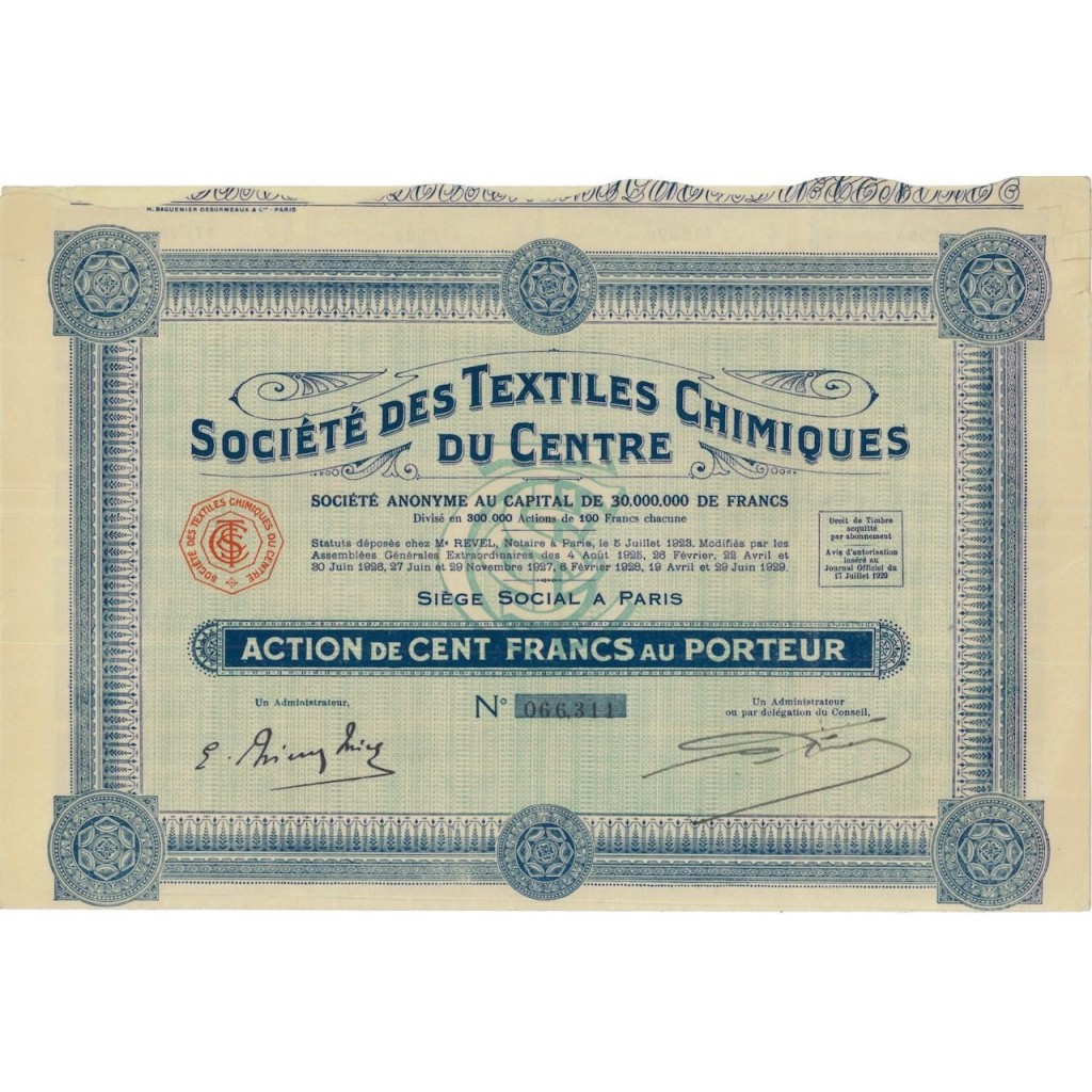 SOC. DES TEXTILES CHIMIQUES DU CENTRE - 1 AZIONE - 1929