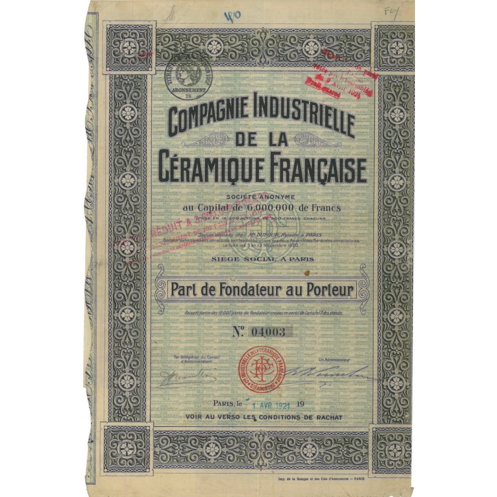 COMP. IND. DE LA CERAMIQUE FRANCAISE - 1 AZIONE - 1921