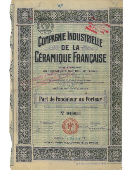 COMP. IND. DE LA CERAMIQUE FRANCAISE - 1 AZIONE - 1921