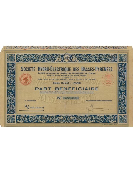 SOC. HYDRO-ELETRIQUE DES BASSES-PYRENEES - 1 AZIONE - 1932