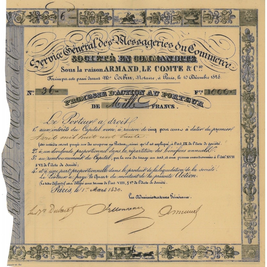 SOC. EN COMMANDITE SOUS LA RAISON ARMAND LE COMTE - 1 AZIONE - 1830