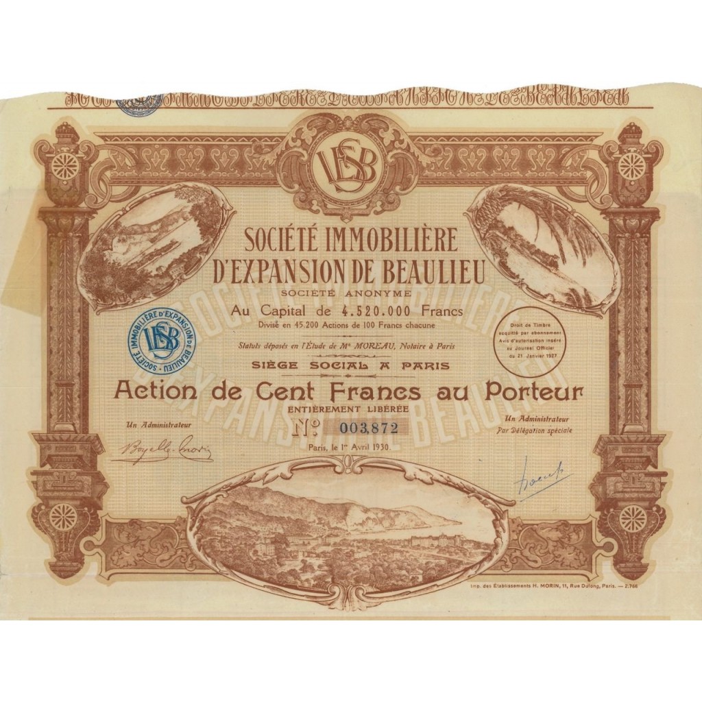 SOC. IMM. D'EXPANSION DE BEAULIEU - 1 AZIONE - 1930
