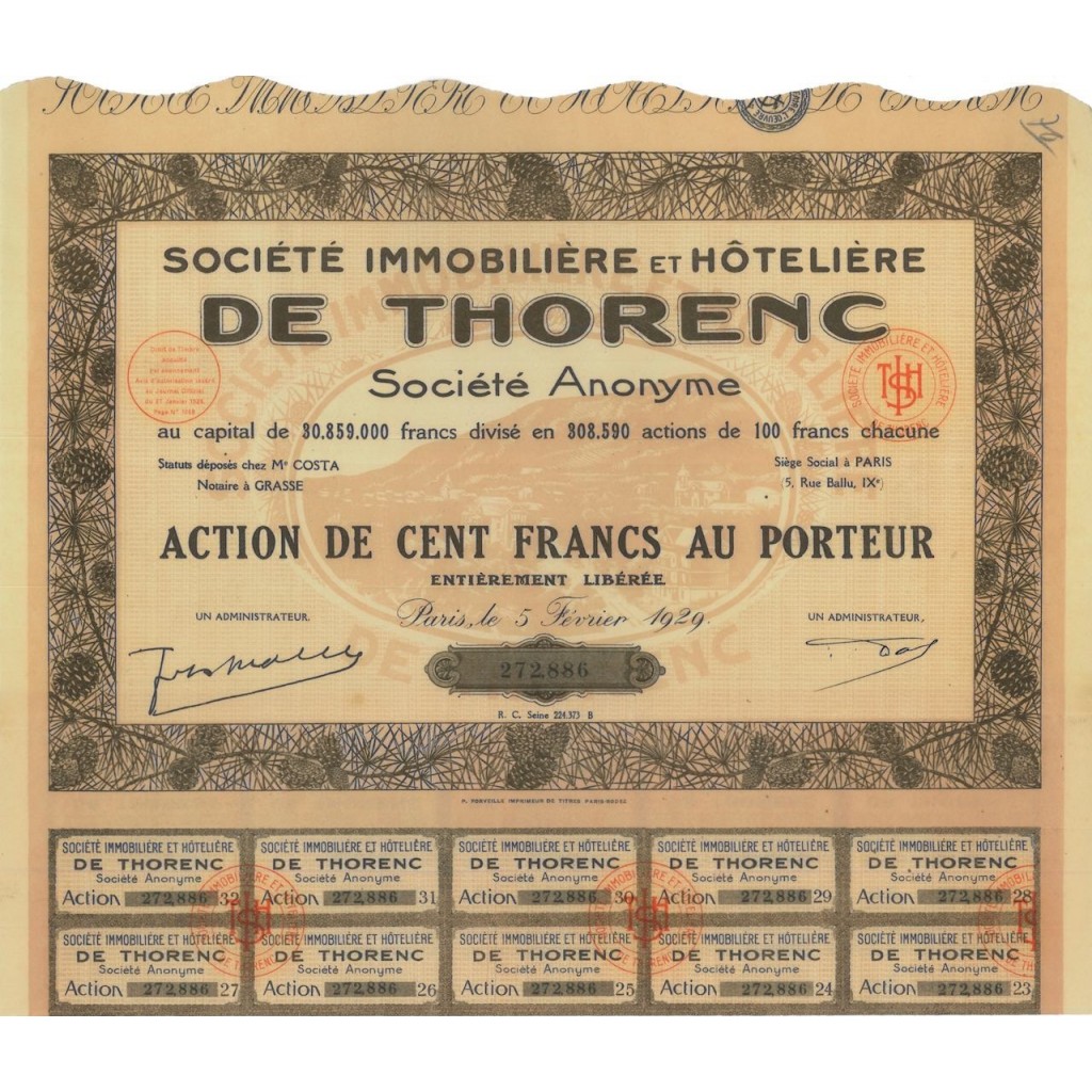 SOC. IMM. ET HOTELEIERE DE THORENC - 1 AZIONE - 1929