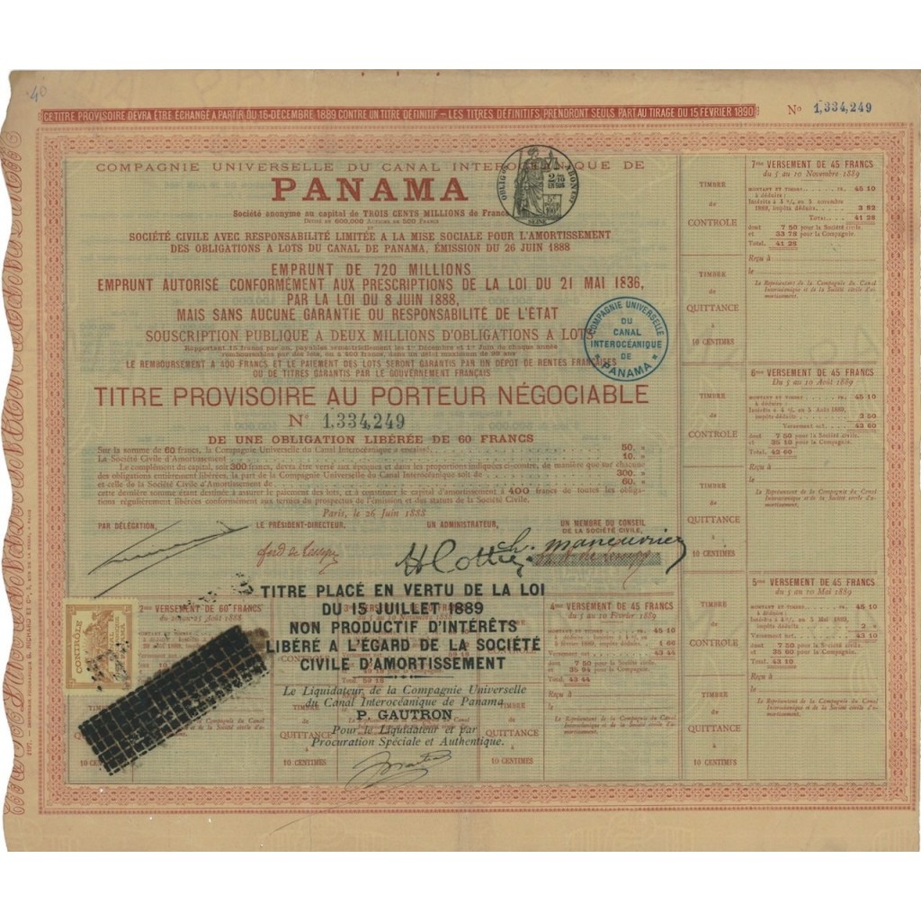 COMP. UNIVERSELLE DU CANAL DE PANAMA - 1 OBBLIGAZIONE - 1888