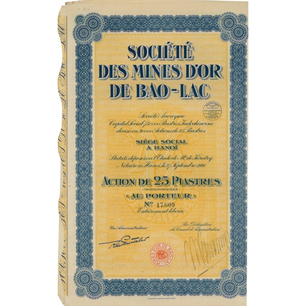 SOC. DES MINES D'OR DE BAO-LAC - 1 AZIONE - 1926