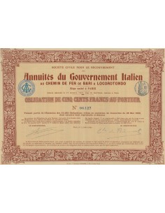 ANNUITES DU GOV. IT. - CHEMIN DE FER BARI/LOCOROTONDO- 1 OB. PARIS 1909