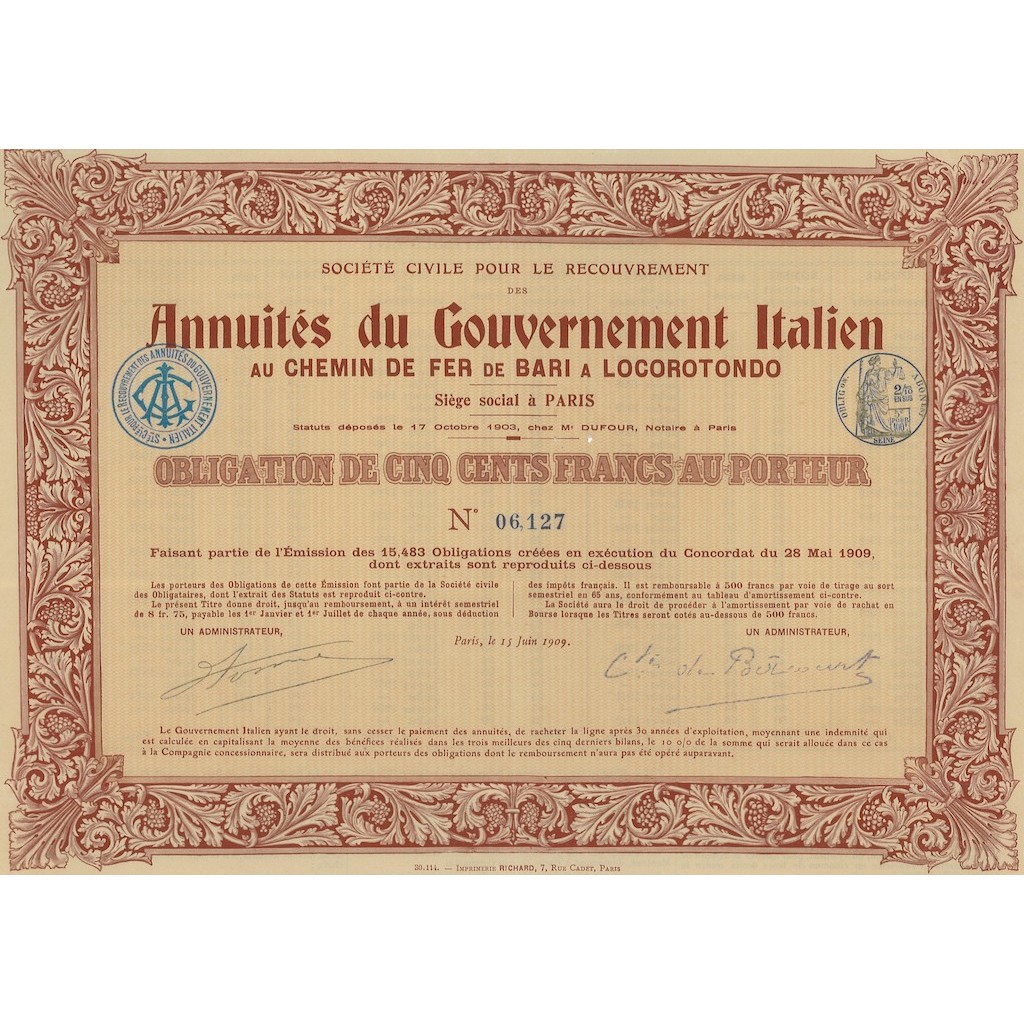 ANNUITES DU GOV. IT. - CHEMIN DE FER BARI/LOCOROTONDO- 1 OB. PARIS 1909