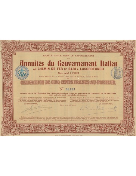 ANNUITES DU GOV. IT. - CHEMIN DE FER BARI/LOCOROTONDO- 1 OB. PARIS 1909