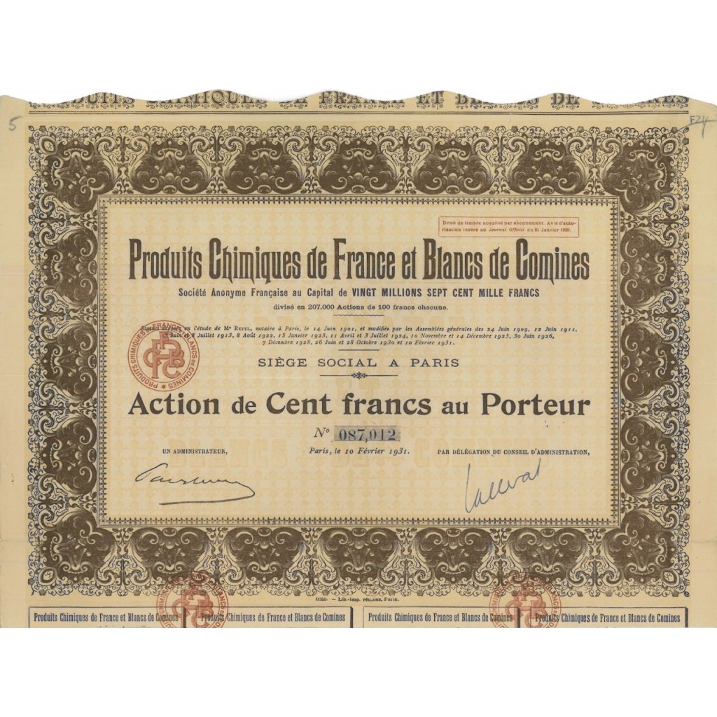 PRODUITS CHIMIQUES DE FRANCE ET BLANCS DE COMINES - 1 AZIONE 1931