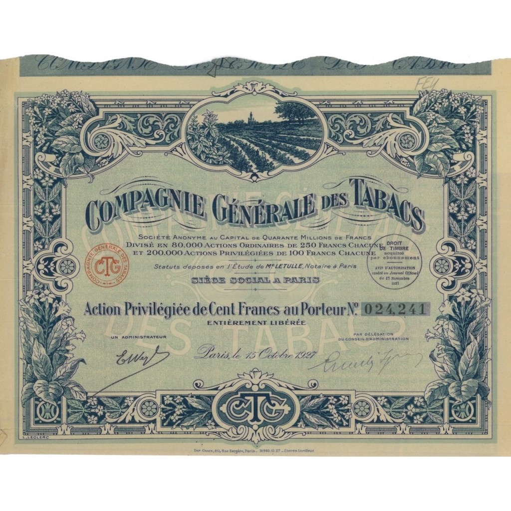 COMPAGNIE GENERALE DES TABACS - 1 AZIONE - 1927