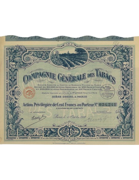 COMPAGNIE GENERALE DES TABACS - 1 AZIONE - 1927