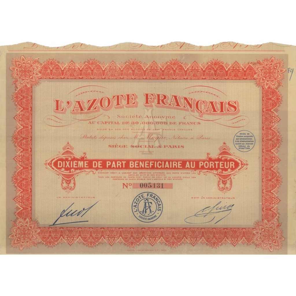 L'AZOTE FRANCAIS - DECIMA PARTE DI AZIONE - 1929