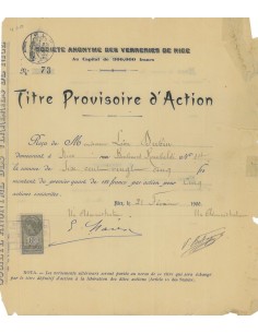SOC. AN. DES VERRERIES DE NICE - TITOLO PROVV. 1 AZIONE - 1900