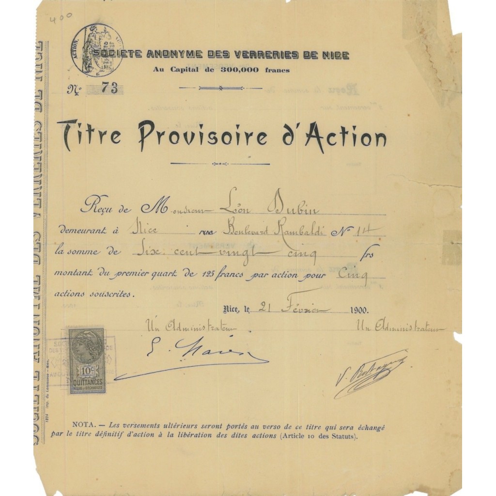 SOC. AN. DES VERRERIES DE NICE - TITOLO PROVV. 1 AZIONE - 1900