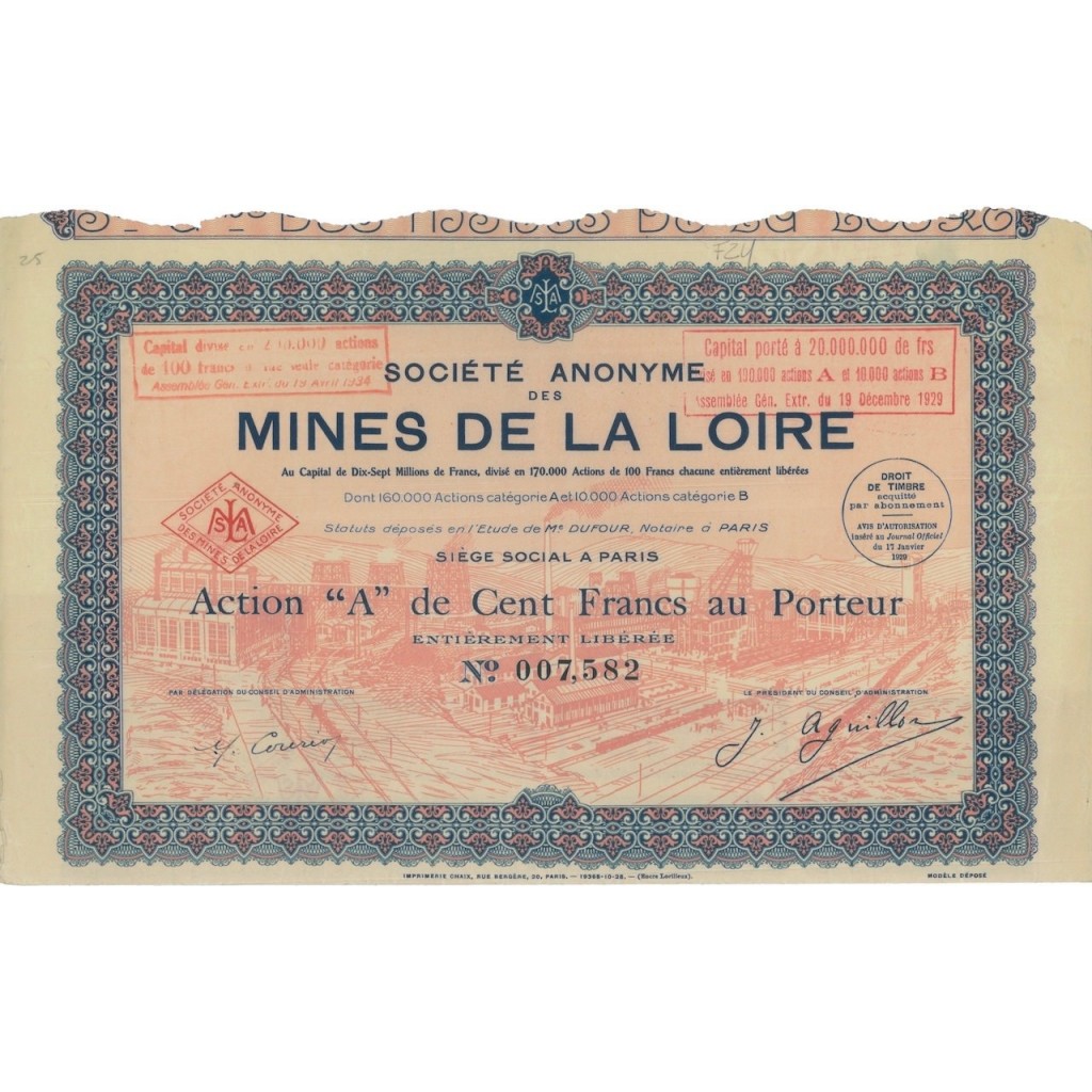 SOC. AN. DES MINES DE LA LOIRE - 1 AZIONE TIPO A - 1929