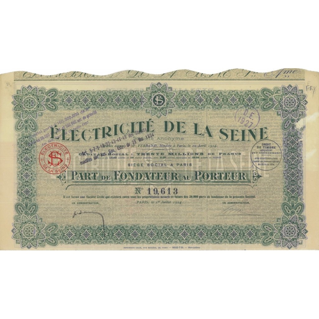 ELECTRICITE' DE LA SEINE - AZIONE DI FONDAZIONE - 1924
