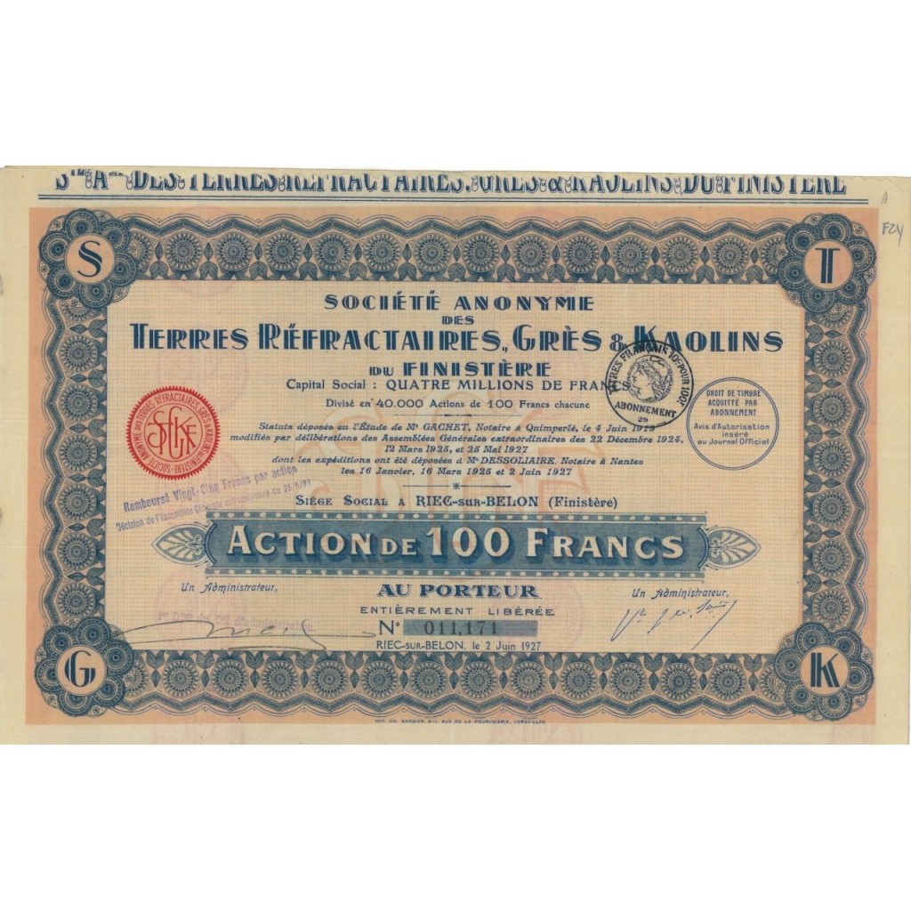 SOC. AN. DES TERRIES REFRACTAIRES - 1 AZIONE DI 100 FRANCHI 1927