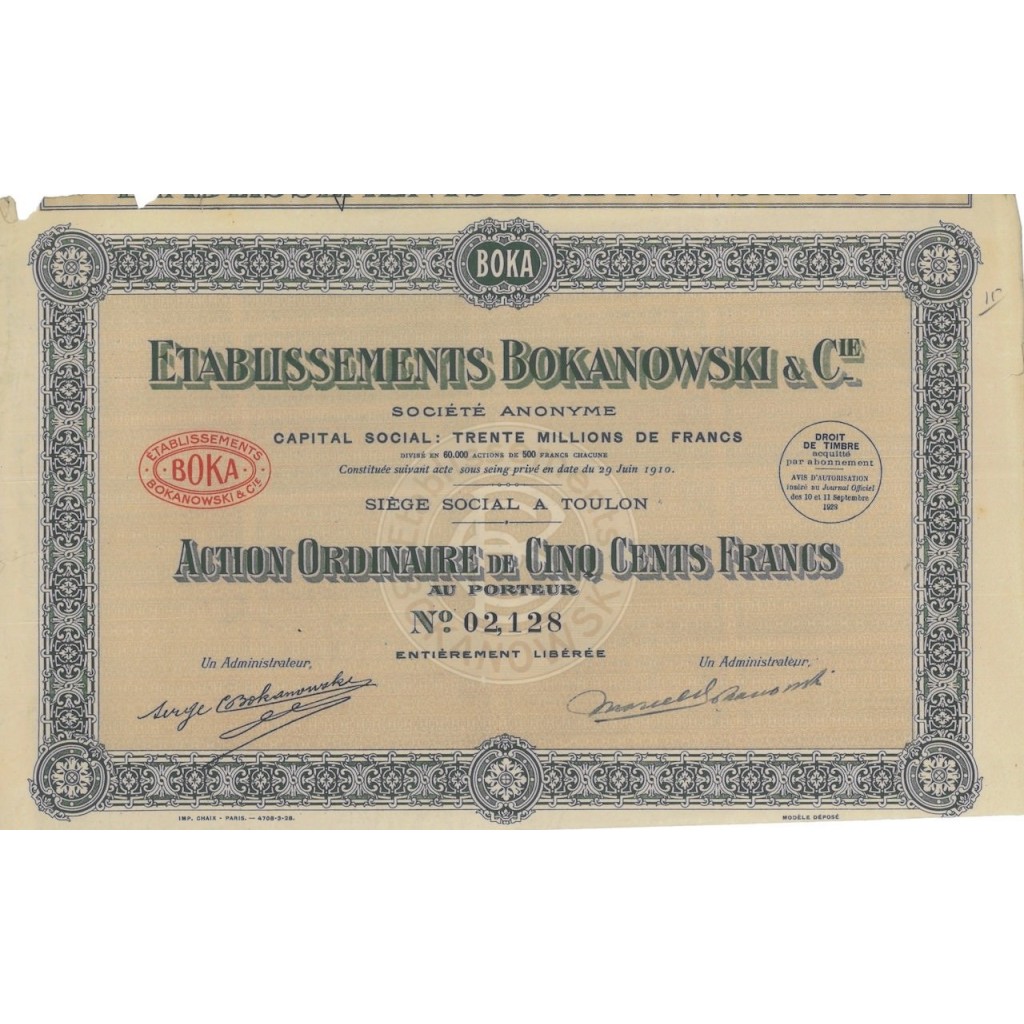 ETABLISSEMENTS BOKANOWSKI E CIE - 1 AZIONE- 1928