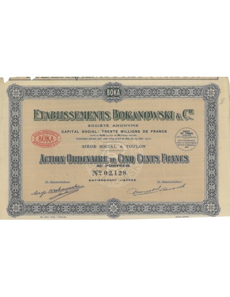 ETABLISSEMENTS BOKANOWSKI E CIE - 1 AZIONE- 1928