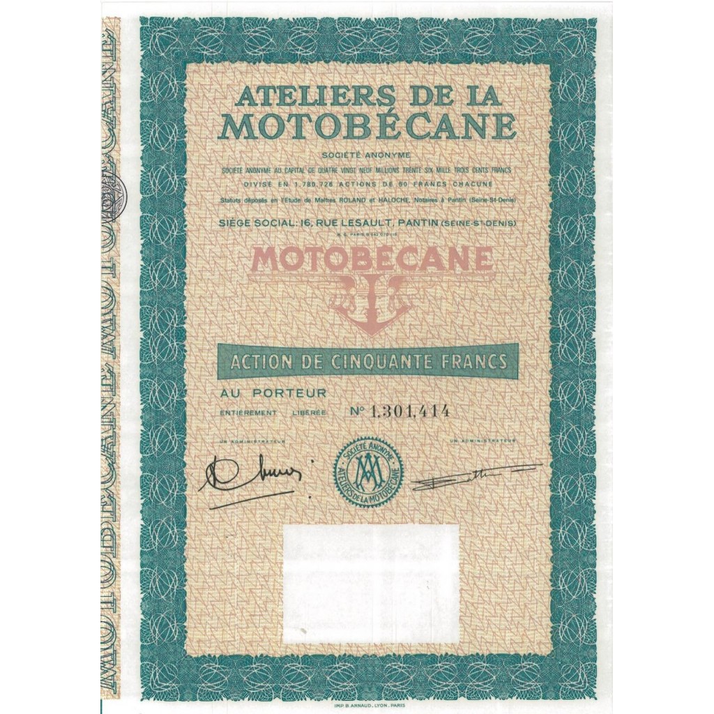 ATELIERS DE LA MOTOBECANE - 1 AZIONE DA 50 FRANCHI