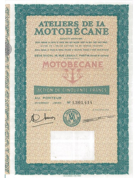 ATELIERS DE LA MOTOBECANE - 1 AZIONE DA 50 FRANCHI
