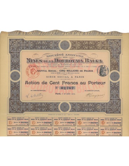 SOC. AN. DES MINES DOUBOVAIA BALKA - 1 AZIONE - 1913