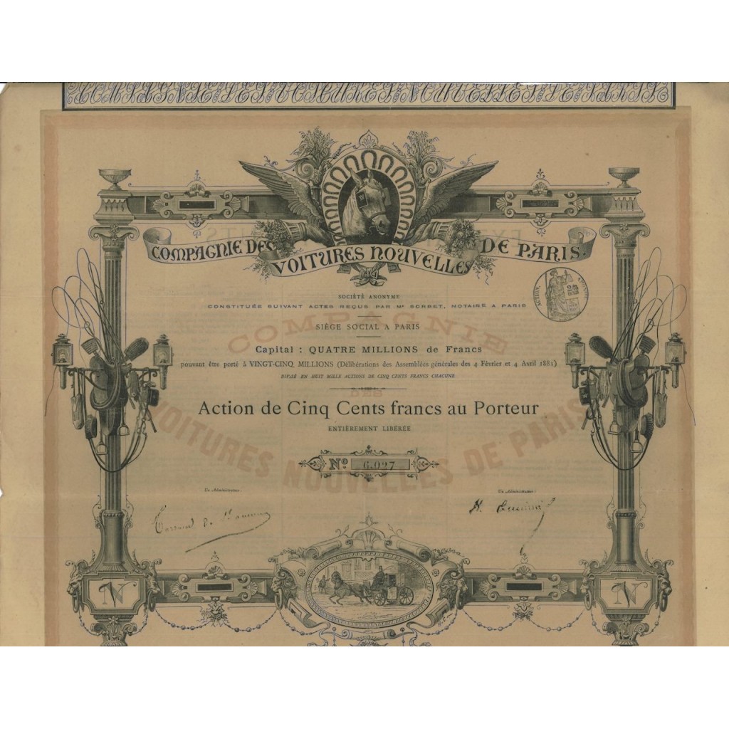 COMPAGNIE DES VOITURES NOUVELLES DE PARIS - 1 AZIONE 1881