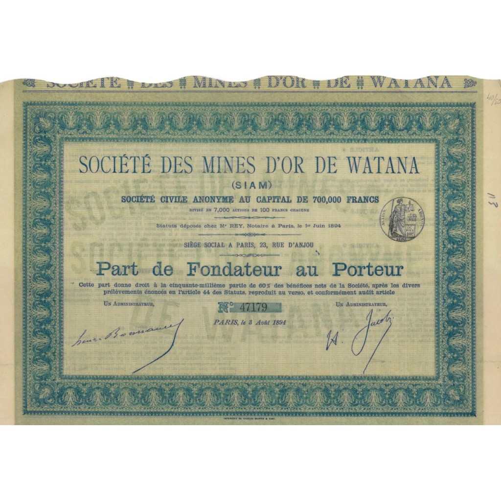 SOCIETE' DES MINES D'OR DE WATANA - 1 AZIONE DI FONDAZIONE - 1894