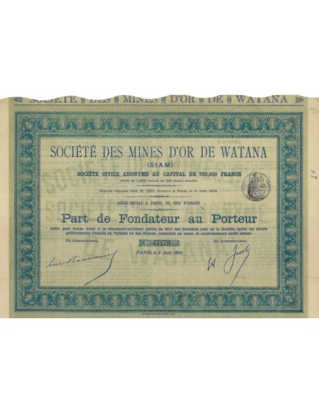 SOCIETE' DES MINES D'OR DE WATANA - 1 AZIONE DI FONDAZIONE - 1894
