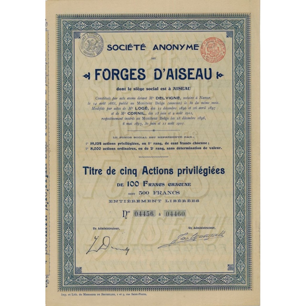 SOC. AN. DES FORGES D'AISEAU - 5 AZIONI PRIVILEGIATE - 1896