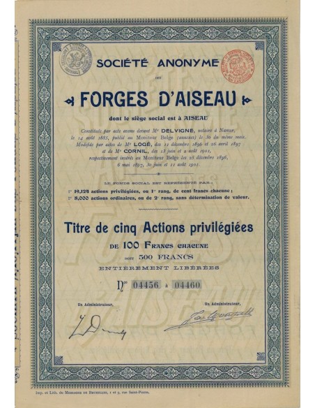 SOC. AN. DES FORGES D'AISEAU - 5 AZIONI PRIVILEGIATE - 1896