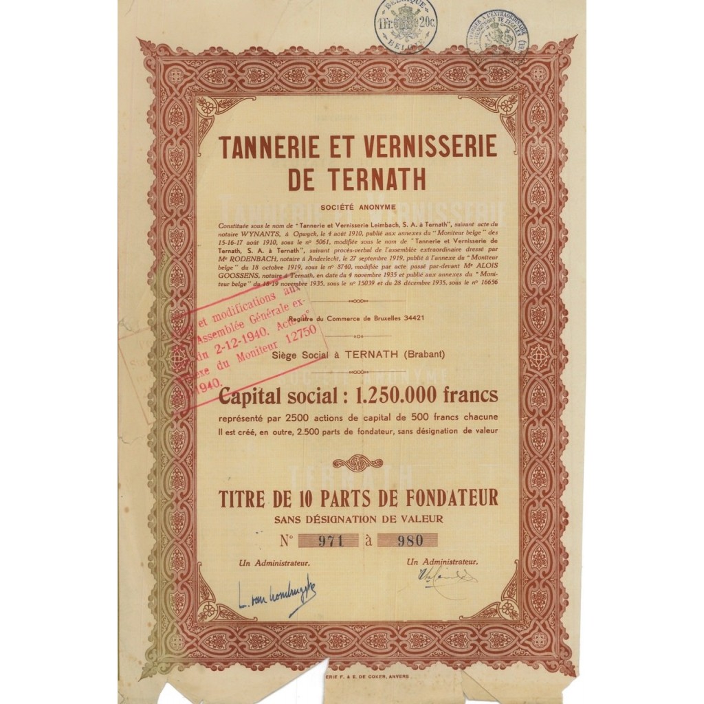 TANNERIE ET VERNISSERIE DE TERNATH - 10 AZIONI DI FONDAZIONE 1910