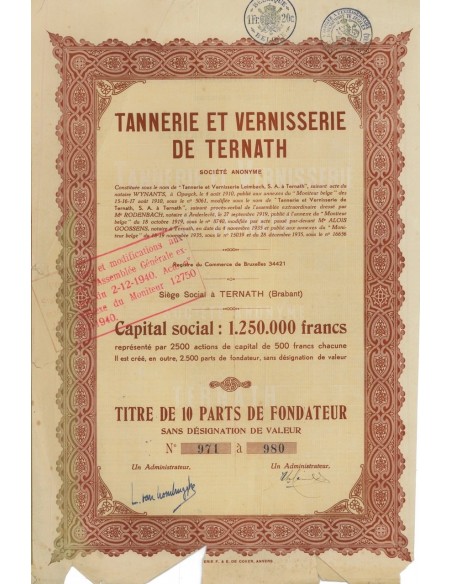TANNERIE ET VERNISSERIE DE TERNATH - 10 AZIONI DI FONDAZIONE 1910