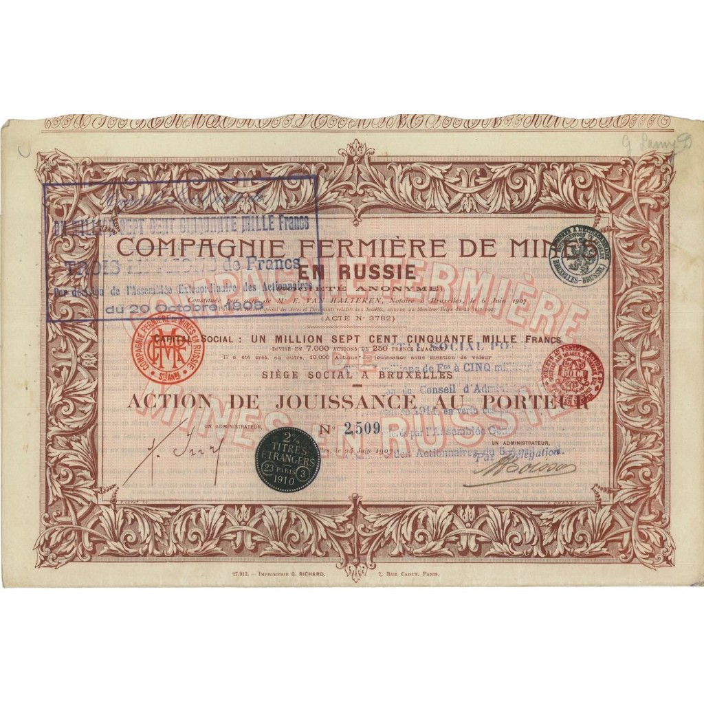 COMP. FERMIERE DE MINES EN RUSSIE - 1 AZIONE - 1907
