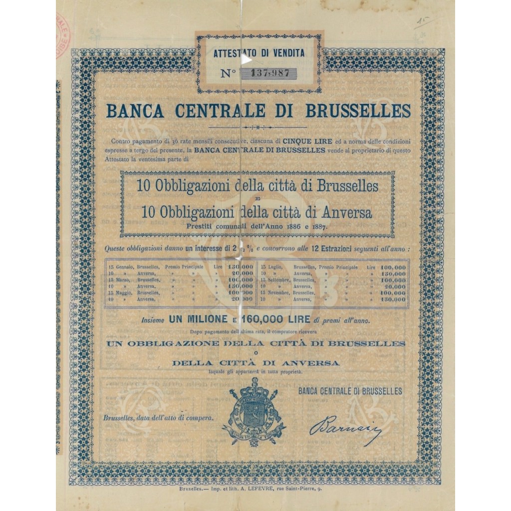 BANCA CENTRALE DI BRUSSELLES - 10 OBBLIGAZIONI - 1886